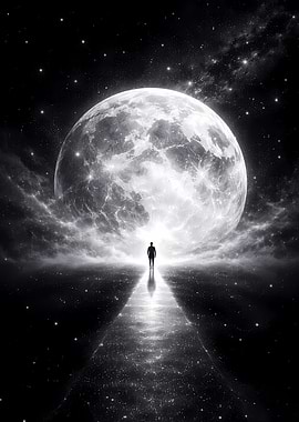 Man walking towards a giant moon