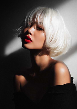 Woman with blonde bob and red lipstick