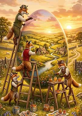 Foxes Painting a Landscape Egg