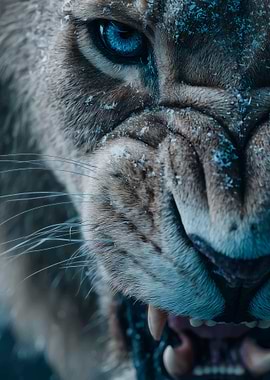 Close-up of a fierce lioness in snow