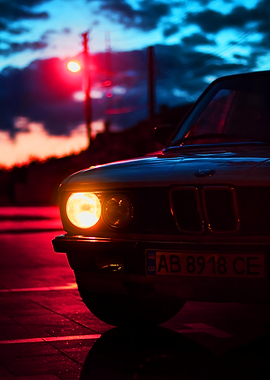 BMW Headlight at Dusk