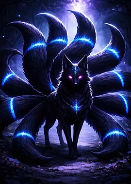 Nine-Tailed Fox with Glowing Eyes