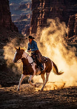 Cowgirl riding a horse in a canyon