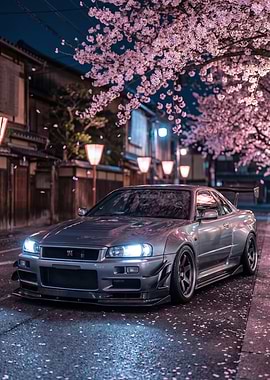 Nissan Skyline R34 under Cherry Blossoms