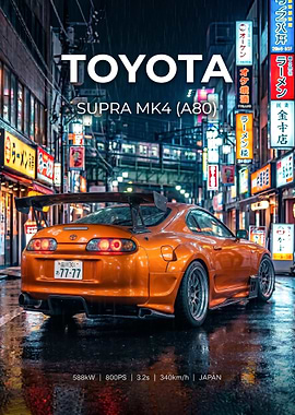 orange sport Toyota Supra MK4 in Tokyo