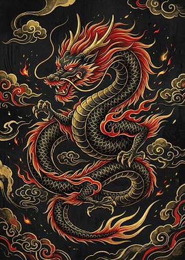 Black and Red Dragon with Golden Clouds
