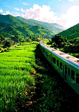 Train journey through lush green mountains