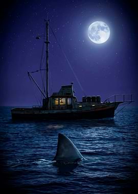Shark Fin Boat Moonlit Night