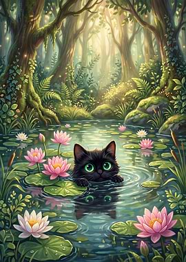 Black Cat in a Lily Pond