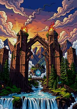Fantasy Mountain Gate with Waterfall