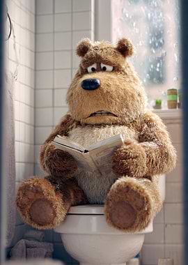 Bear reading on a toilet