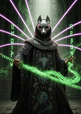 Mysterious Fox Masked Sorcerer with Glowing Katana