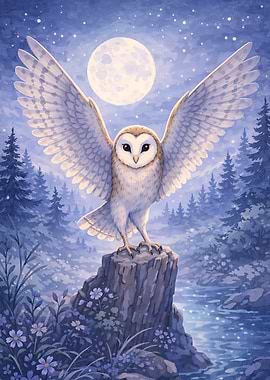 Barn Owl in Moonlight Forest