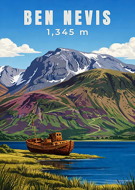 Majestic Ben Nevis Metal Poster - Scottish Highlands Retro Travel Art - Derelict Loch Trawler Ship