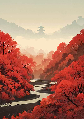 Autumn River Landscape with Pagoda
