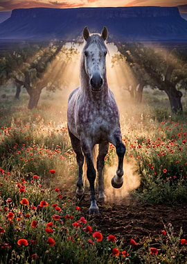 Horse running through poppy field at sunset