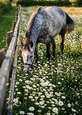 Horse grazing in a field of daisies