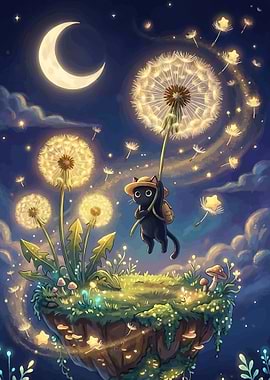 Black cat flying on dandelion
