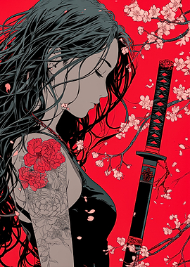 Samurai Woman with Cherry Blossoms