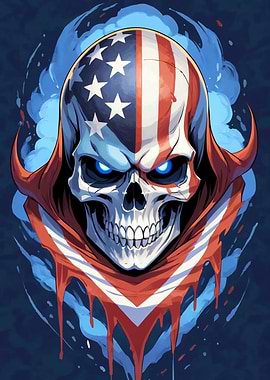 American Flag Skull with Blue Flames