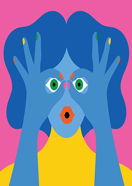 Surprised Blue Character Looking Through Hands