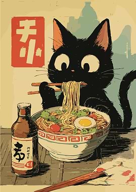 Ramen Cat Poster, Cute Black Cat Eating Noodles Art, Japanese Cozy City Wall Print