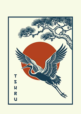 Japanese Crane Flying with Sun and Pine Tree