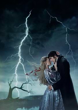 Couple embracing during a lightning storm