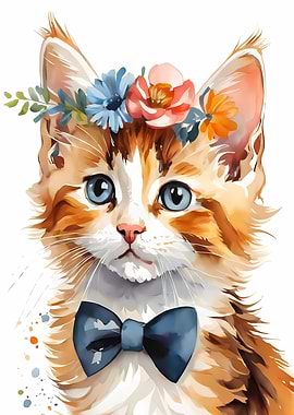 Cute Kitten with Flower Crown and Bowtie