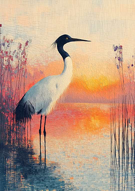Crane by the Water at Sunset
