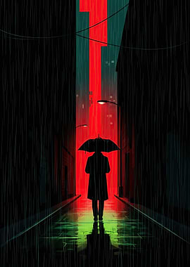 Man with umbrella in rainy city alley