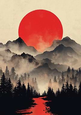 Misty Mountains and Red Sun