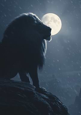 Lion on a Cliff Under the Moon