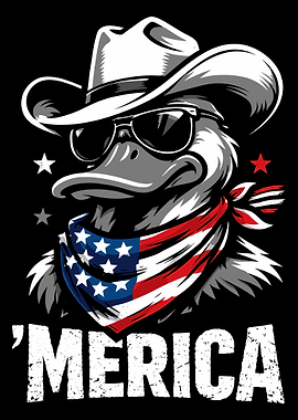 MERICA Duck Poster, Patriotic Cowboy Duck Wall Art, Funny USA Stars Graphic Print