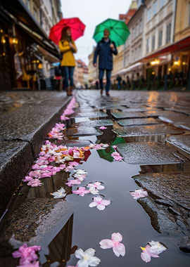 Rainy Street with Floating Flowers
