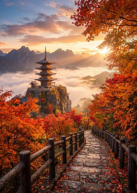 Pagoda on a Cliffside in Autumn