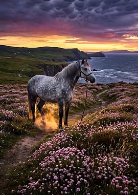 Horse in a field at sunset