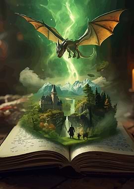 Dragon Over Fantasy Landscape From Book