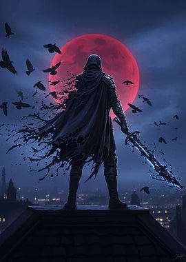 Dark Warrior Under Red Moon