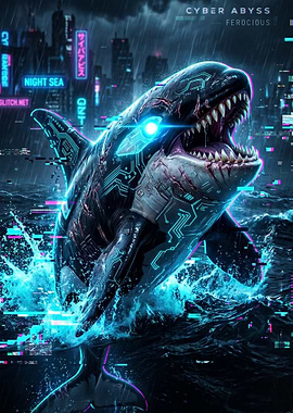 Cyberpunk Orca Attack – Neon Glitch Ocean Beast