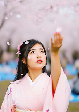 Woman in Pink Kimono with Cherry Blossoms
