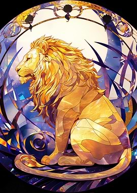 Golden Lion in Stained Glass Style