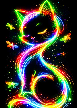 Rainbow Neon Cat with Dragonflies