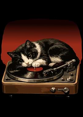 Vinyl Cat Poster, Vintage Record Player Wall Art, Moody Music Lover Print