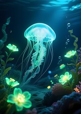 Bioluminescent Jellyfish and Flowers