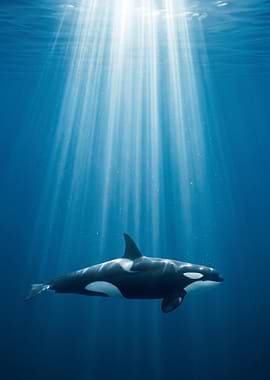 Orca Whale Underwater Sun Rays – Deep Ocean Wildlife Art
