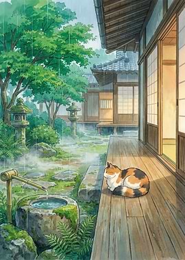 Cat in a Japanese Garden during Rain