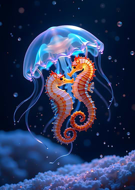 Two Seahorses Under a Jellyfish