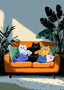 Group of Cats on a Sofa