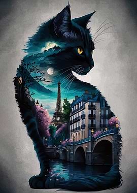 Black Cat with Paris Cityscape